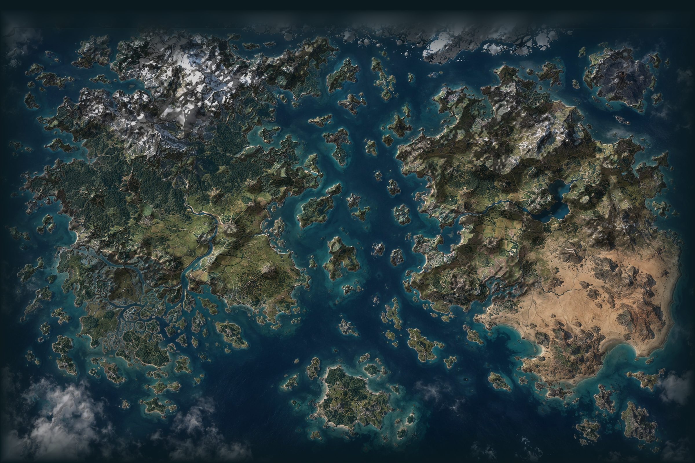 Map of the Calder Isles, the game's own world map: two mainlands split by a sound, mountains and ice to the north, desert in the south-east, and the small island of Saltholm in the south.