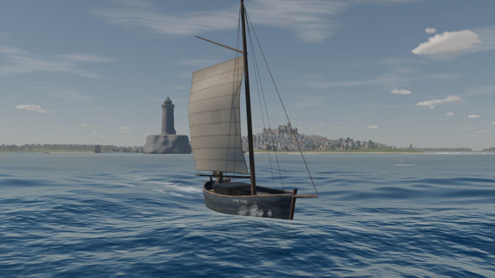 A player's boat under sail, a lighthouse behind